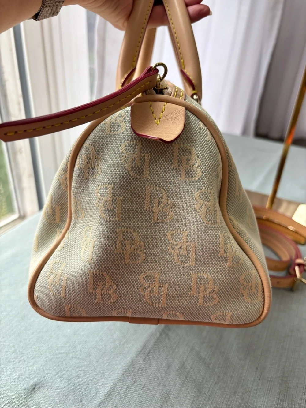 Vintage Dooney Bourke Light Blue Logo Satchel with Vacchetta Leather Trim Tassel